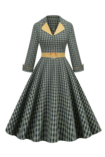 1950s Vestido verde com 3/4 mangas pescoço V
